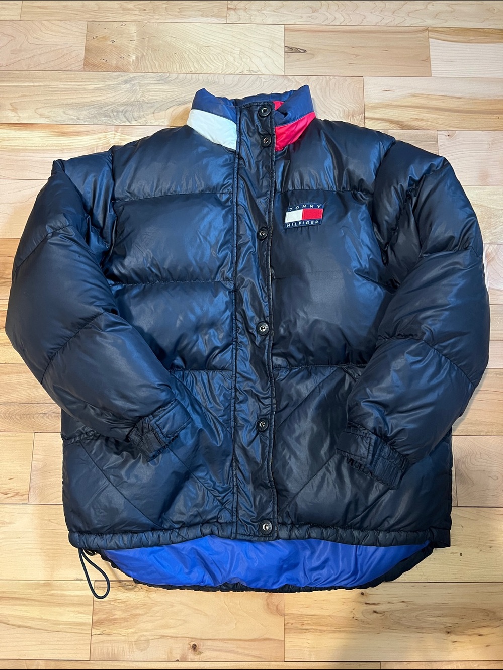 Tommy Hilfiger Navy Puffer Jacket with Red & White Trim